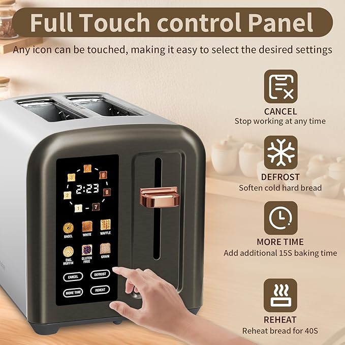 SEEDEEM Toaster 2 Slice Full Touch Control Stainless Toaster LCD Display 50% Faster Heating Speed 6 Bread Type 7 Shade Setting 1.5''Wide Slots Removable Crumb Tray 1350W Dark Metallic