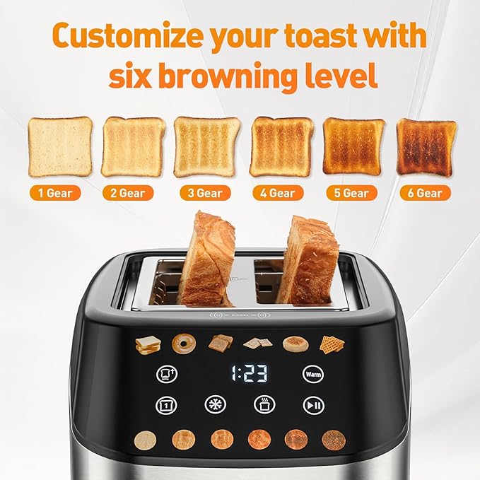 Secura 2 Slice Toaster Fully Automatic Digital Stainless Steel Toaster with Countdown Timer &amp Keep Warm Function 6 Browning Levels Bagel/Defrost/Reheat/Single-Slice Modes Removable Crumb Tray