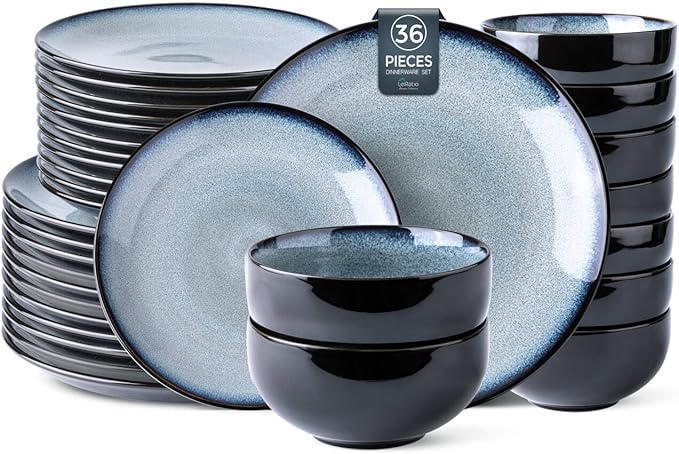 LERATIO Ceramic Dinnerware Sets for 12 36 Pieces Plates and Bowls Sets Dishwasher&ampMicrowave Safe&ampOven Safe-Service for 12-36pcs-Dreamy Moonlight-Gray White