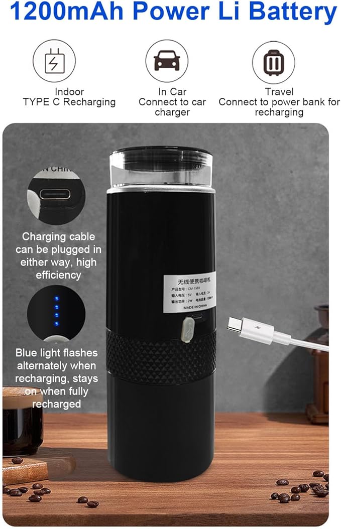 Portable Coffee Maker USB Rechargeable 15 Bar Espresso Machine with Built in 1200mAh Battery for Ground Coffee and Pods Travel Camping Office