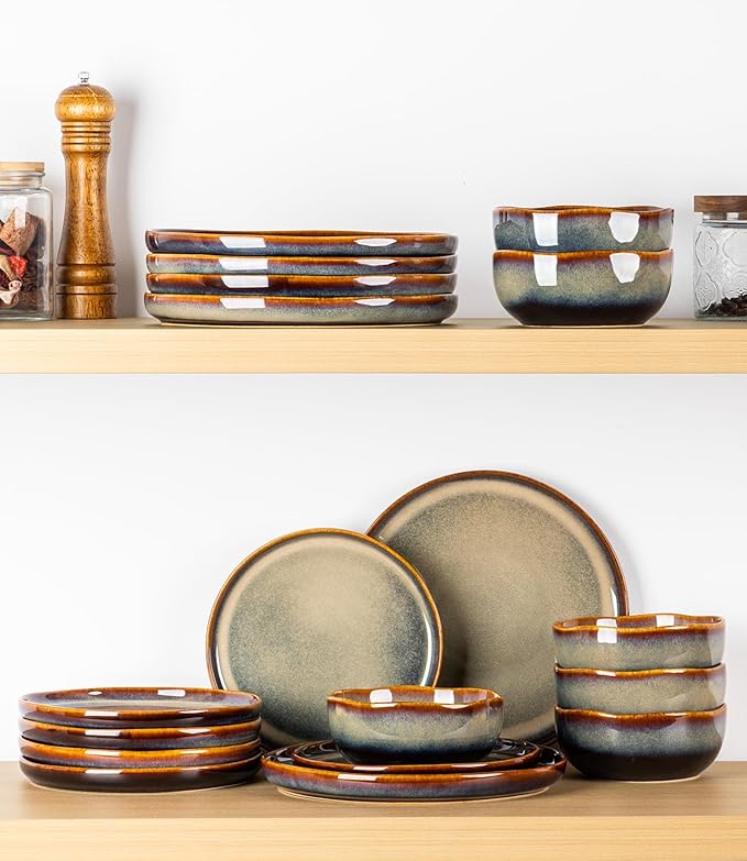 TheTerra Ceramic Dinnerware Sets for 4 12 Pieces Porcelain Lightweight Plates and Bowls Sets Scratch Resistant Dish Set Oven &amp Microwave &amp Dishwasher Safe Coffee Bean