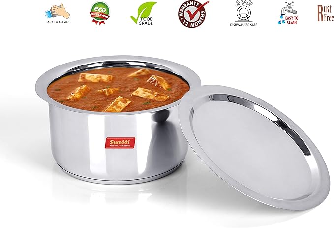 Sumeet Big Size Stainless Steel Induction Bottom (Encapsulated Bottom) Gas Stove Friendly Container/Tope/Cookware with Lid Size No.15 3.5 liter Silver