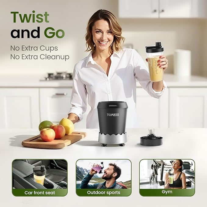 TOPZEE Personal Smoothie Blender 1000W Single-Serve Blender with 24oz To-Go Cup Twist-On Start/Stop for Protein Shakes &amp Smoothies Compact Countertop Blender Black