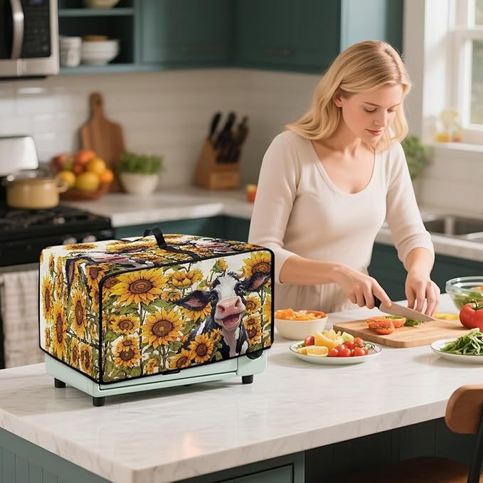 Cow Sunflower Print Toaster Oven Air Fryer Dust Cover Washable Heavy Duty Small Kitchen Appliance Dust Covers with Accessory Pockets Kitchen Accessories S