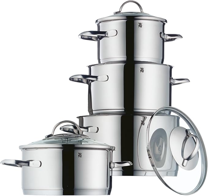 WMF Pot Set 4-Piece Provence Plus Pouring Rim Glass Lid Cromargan Stainless Steel Polished Suitable for Induction Hobs Dishwasher-Safe