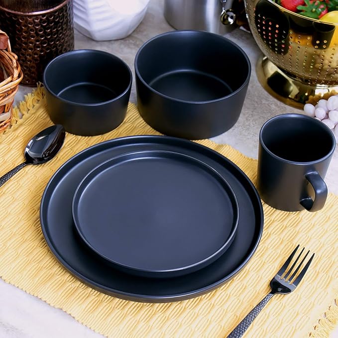 Luxmatte 20-Piece Stoneware Dinnerware Set – Modern Matte Finish Dish Set for 4 Microwave &amp Dishwasher Safe – Includes Dinner Plates Salad Plates Bowls and Mugs in Four Colors (Black)