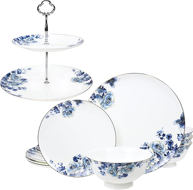 Fine Bone China Dinnerware Set for 4 2-Tier Afternoon Tea Stand Porcelain Cupcake Stand Serving Tray