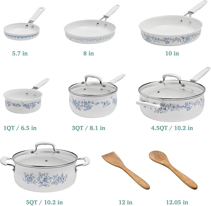 12-Piece Ceramic Interior Cookware Set with Lids and Utensils Floral Design