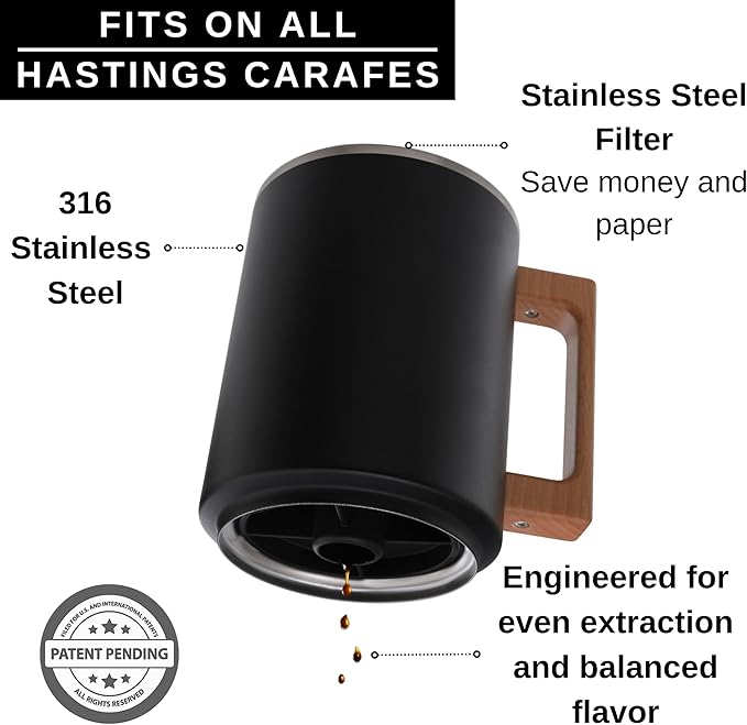 HASTINGS Pour Over Coffee Dripper - Stainless Steel Pour Over Coffee Filter Metal Paperless Reusable Double Mesh Cone Filter with Wood Handle - Coffee Maker for Single Cup Brew up to 68 OZ (Black)