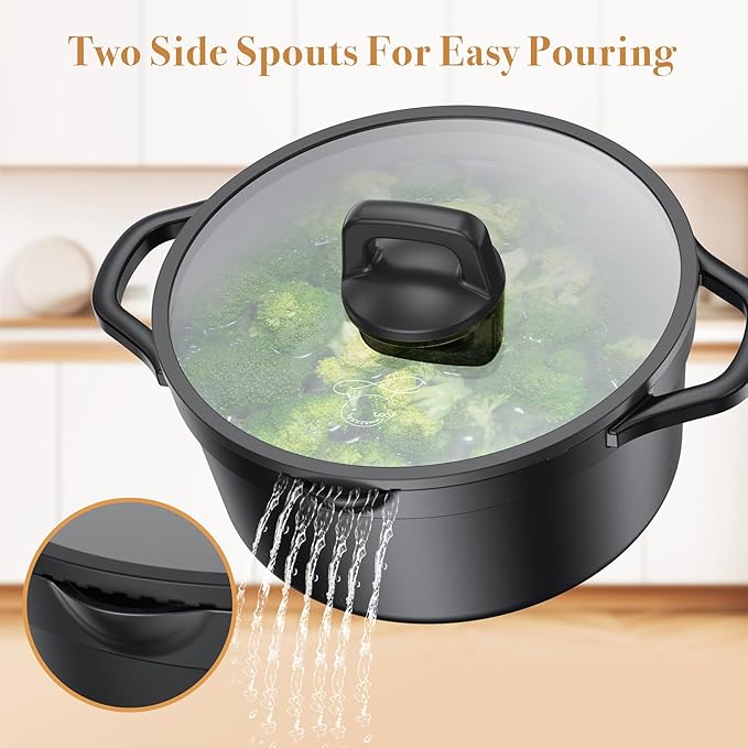 Nonstick pots and pans set 14 Pcs Induction Cooking Set with Pour Spouts and Oven Safe for Casserole PFOA FREE Classic BlackCompatible with All CooktopsHeat-resistant and comfortable handle