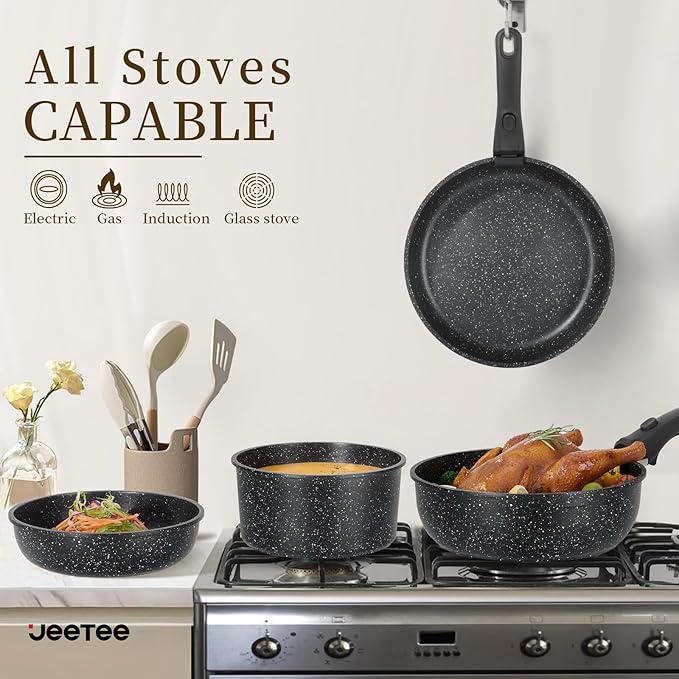 JEETEE Pots and Pans Set Non Stick 19pcs Kitchen Cookware Sets with Detachable Handle Induction Nonstick Cookware Set with Removable Handle Stackable RV Cookware Oven Safe PFOA Free Black