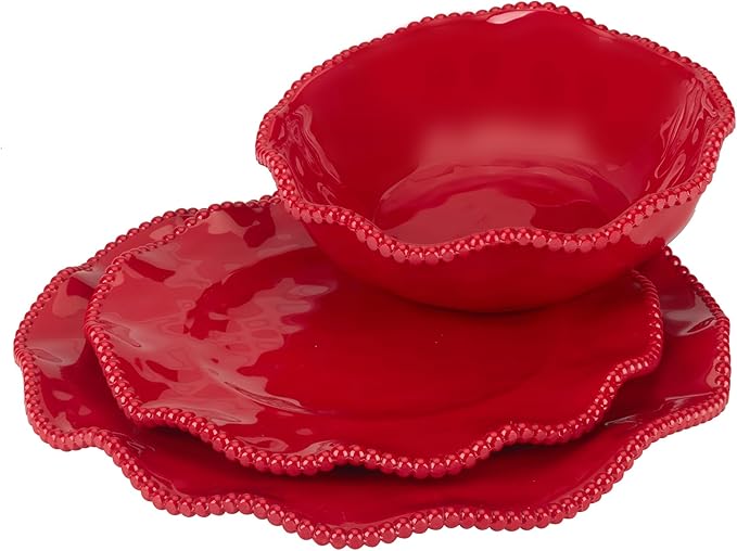 Perlette Red Melamine Dinnerware Set – 12-Piece Scalloped Plates &amp Bowls Vibrant Glossy Finish Elegant Beaded Rim Durable &amp Lightweight – Service for 4 Indoor/Outdoor Use
