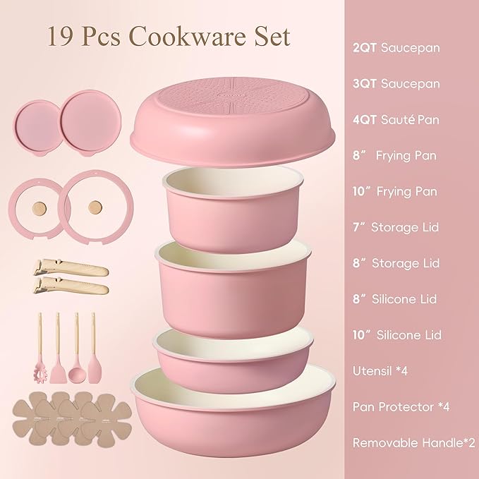 CAROTE Pots and Pans Set Nonstick Cookware Set Detachable Handle 19pcs Induction Kitchen Cookware Sets Non Stick with Removable Handle RV Cookware Set Oven Safe Pink