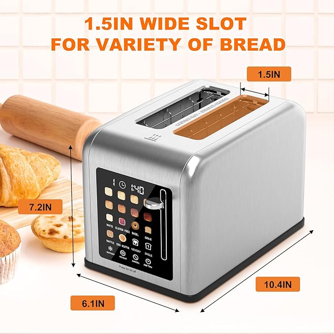2 Slice Toaster Touch Screen Stainless Steel Toasters Digital Timer 2 Slot Toasters 8 Shade Settings 6 Bread Types for Bagel Cancel Defrost（Stainless Steel）