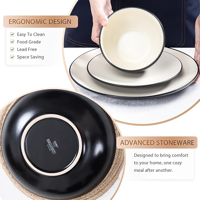 Plates and Bowls Sets for 4 - CJDC-QUELO 16-Piece Stoneware Dinnerware Sets Ceramic Dishware Set for Indoor Kitchen Use and Formal Dining Chip and Scratch Resistant Microwave Dishwasher Safe Ivory
