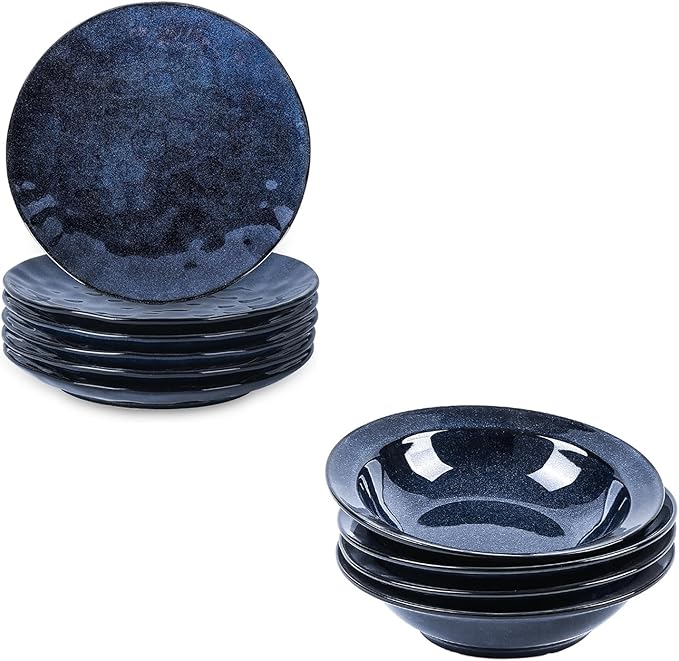 vicrays 10-Piece Dinnerware Set - Includes Wide Rim Soup BowlsDinner Plates- Microwave Oven Dishwasher Safe Porcelain Fluted for Home Party Restaurant Use - Blue