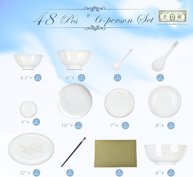 Fine Bone China Dinnerware SetPorcelain&ampCeramic Dinnerware SetsBone Stoneware&ampCeramic Cookware Tableware Set Includes Dinner Plates|Spoons|Pasta Bowls|Soup Pot|Chopsticks (48PCS * 6-Person S