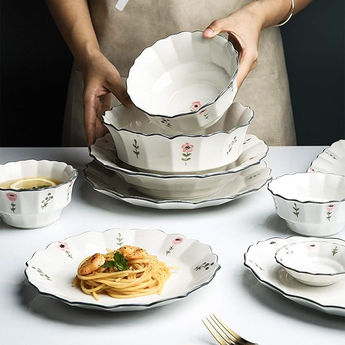 Ceramics Dinner Sets 38 Pieces Petal Shape Porcelain Dinnerware Set | Cereal Bowl and Steak Plate for Family Gathering and Wedding Gifts