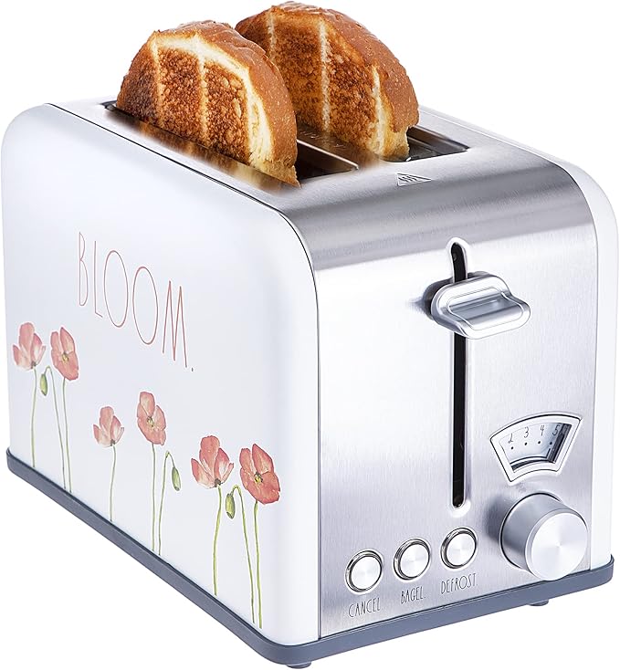 Rae Dunn Toaster Stainless Steel 2 Slice Square Toaster Wide Slot with 5 Browning Levels with Bagel Defrost and Cancel Options (White Floral)