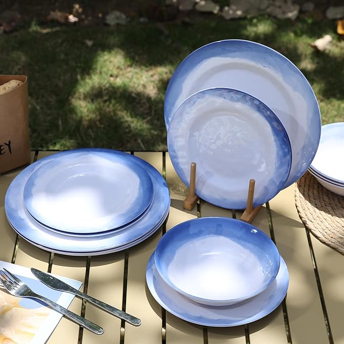 Melamine Dinnerware Sets- 12pcs Melamine Plates and Bowls Set for 4 Suitable for Indoor and Outdoor Use Blue