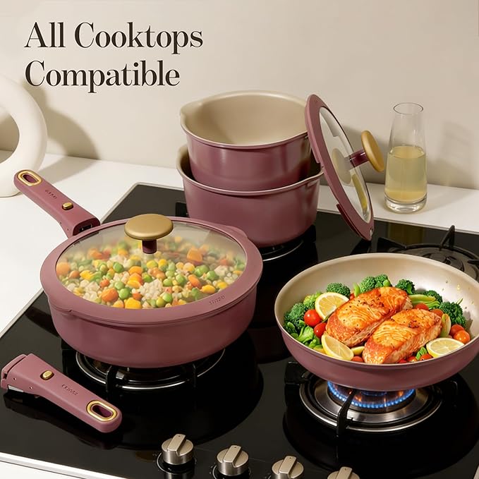 CAROTE 18Pcs Titanium Reinforced Nonstick Pots and Pans Set Nonstick Cookware Set with Detachable Handle Induction Kitchen Cookware Sets Removable Handles Dishwasher Safe Oven Safe Red