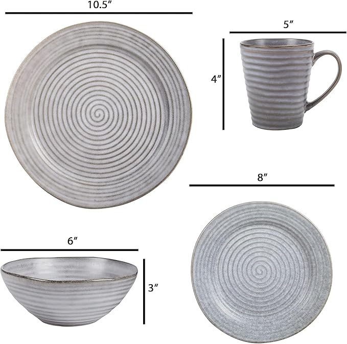 Elanze Designs Charming Chic Ribbed Modern Thrown Pottery Look Ceramic Stoneware Plate Platter Mug &amp Bowl Kitchen Dish Dinnerware 16 Piece Set - Service for 4 Slate Grey