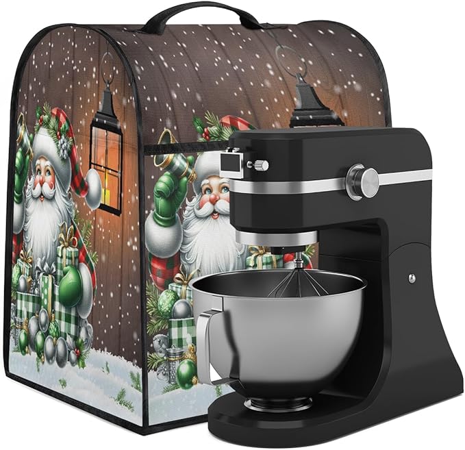 cfpolar Kitchen Aid Mixer Cover Compatible with 6-8 Quarts Xmas Santa Claus Green Holly Stand Mixer Cover Kitchen Aid Mixers Accessories Appliance Organizer Bag Dust Covers with Zipper Pocket