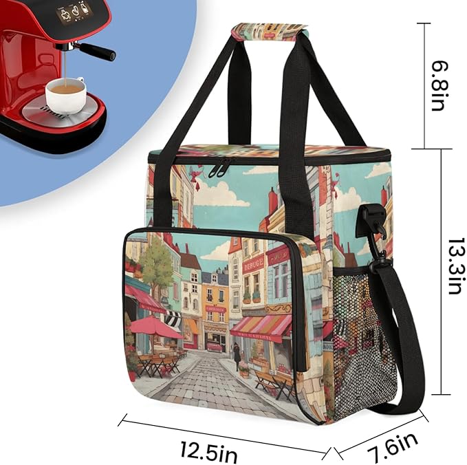 Cartoon Streetscape Coffee Maker Travel Bag for Keurig K-Mini/K-Mini Plus Insulated Waterproof Tote with Pockets for K-Cup Portable Single-Serve Brewer Case