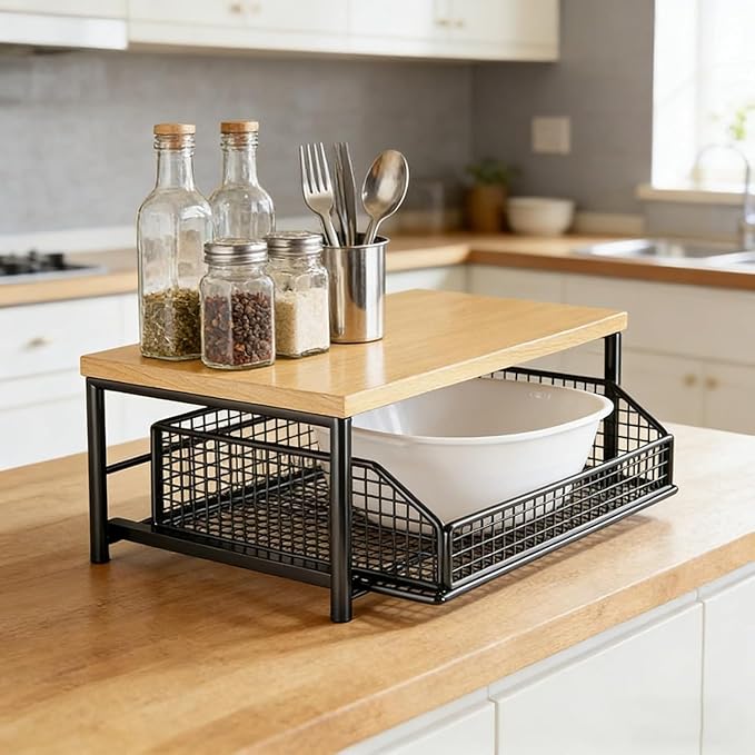 Kitchen Countertop Organizer with Drawer and Wire Basket 2-Tier Hardwood Shelf Space-Saving Storage for Microwave Coffee Maker Toaster Kitchenware (Monolayer-Black)