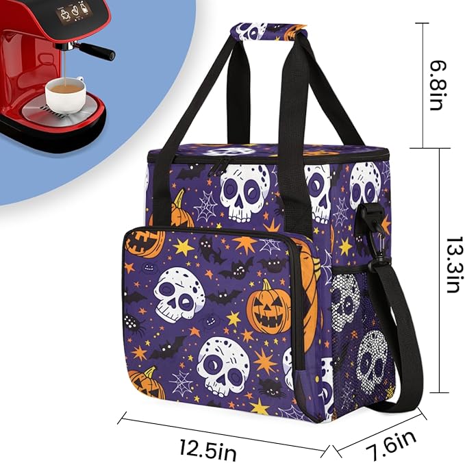 Skulls Pumpkins Coffee Maker Carrying Bag Portable Travel Storage Tote Bag Compatible with K-Mini or K-Mini Plus Single Serve Coffee Brewer Carrying Case with Multiple Pockets &amp Shoulder Strap