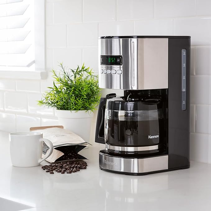 Kenmore Drip Coffee Maker - Programmable Cafe Machine With Glass Pot Regular &amp Bold Brew Auto Shut Off Large Water Reservoir Reusable Filter Kitchen Appliances For Cafeteria Barista 12 Cup Bl