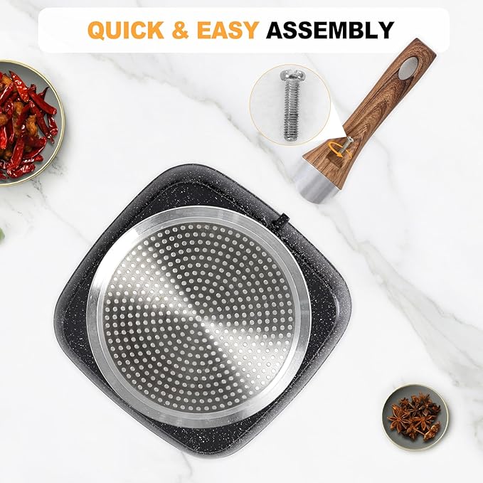 DUMOS 3 Pcs Grill Pans Set Nonstick Square Frying Pan Skillet Set with Stay Cool Handle &amp PFOA Free Compatible with All Stovetops (9.5 10 11) Light Black