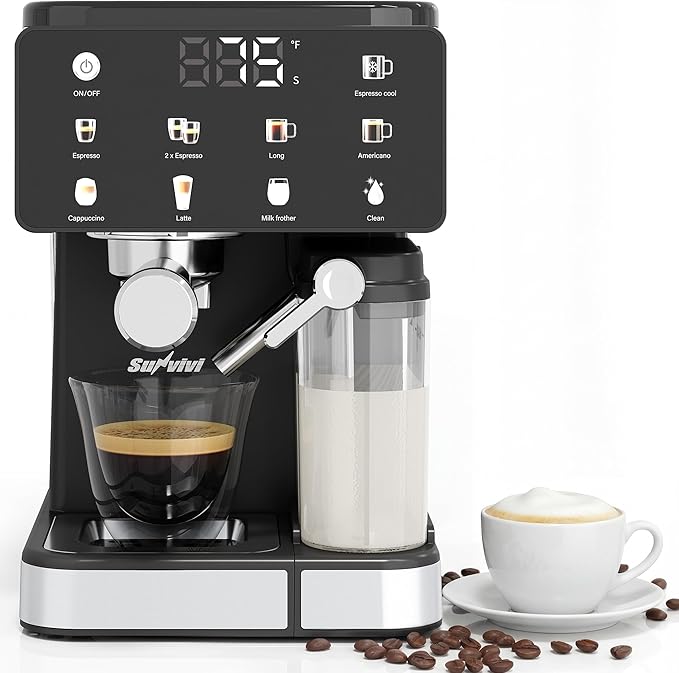 Espresso &amp Americano Machine with Cold Brew Iced Coffee Maker with Ground/Capsule Dual Brewing Touchscreen Milk Frother Latte &amp Cappucinno Maker with 51OZ Water Tank Self-clean Black