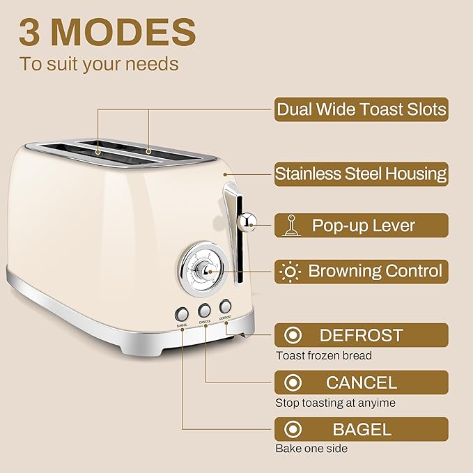 SUSTEAS Toaster 4 Slice Wide Slot Stainless Steel Bread Bagel Toasters Retro Long Slot Tostadora for Defrost Reheat Removable Crumb Tray 1500W 6 Browning Settings Beige