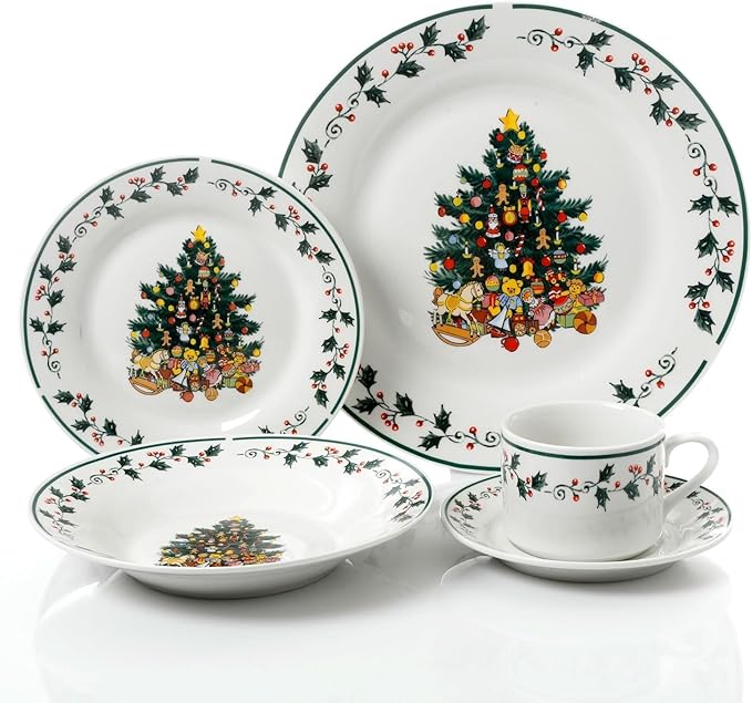 20-Piece Christmas Dinnerware Set – Festive Holiday Tree Trimming Design Ceramic Service for 4