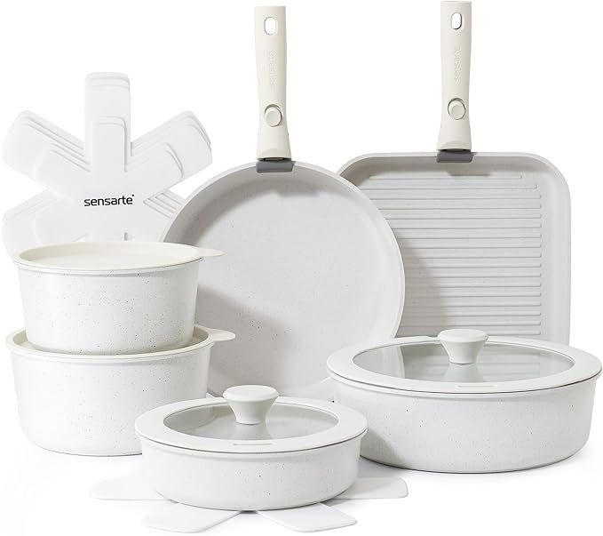 SENSARTE 17 Piece Pots and Pans Set Nonstick Detachable Handle Cookware Set Induction Kitchen Cookware Set with Removable Handle Healthy Non Stick for RV Dishwasher ＆ Oven Safe PFOA Free (White)