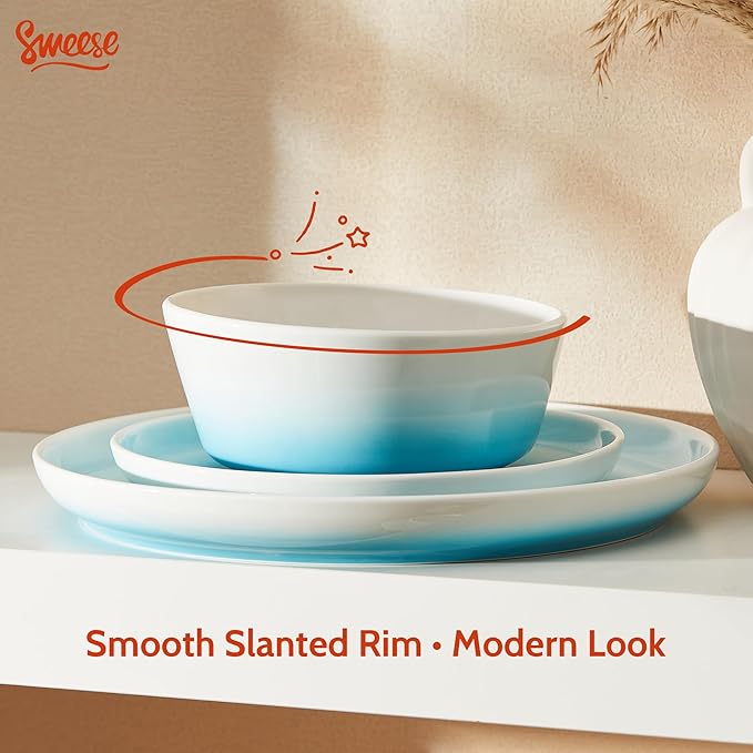 Sweese Porcelain Dinnerware Sets Handpainted Plates and Bowls Set for 6 Scratch Resistant Dinner Set Dishwasher and Oven Microwave Safe Dishes Set Blue