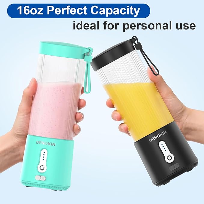 DENOKIN Portable Blender 16oz Vessel Cordless Personal Size Small Blender for Shakes and Smoothies with 6 Blade for Kitchen Home Travel
