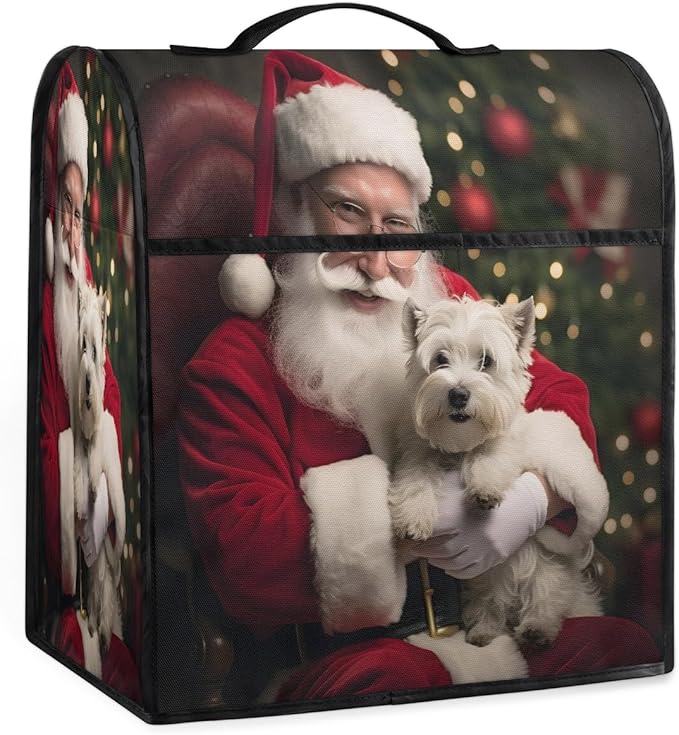 Kitchen Aid Mixer Cover Christmas Santa Puppy Stand Mixer Cover Compatible with 6-8 Quarts Stand Mixers Dust Covers with Zipper Pocket Foldable Washable Kitchen Aid Organizer Bag