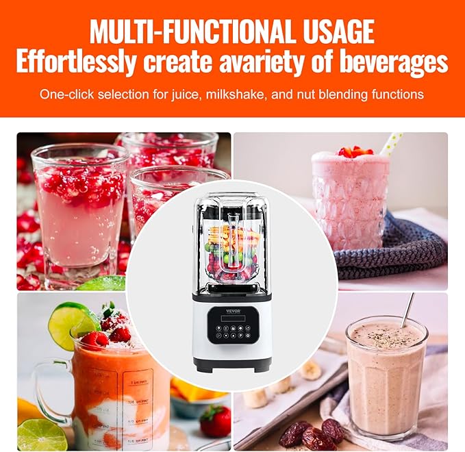 VEVOR Commercial Countertop Blenders with Shield68 oz Jar Blender Combo Stainless Steel 9 Speed &amp 5 Functions for Shakes Smoothies Peree and Crush Ice White