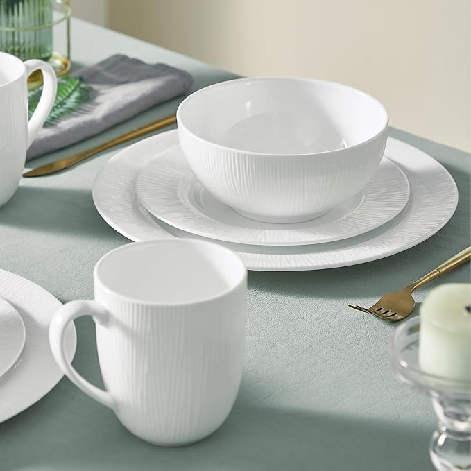 16Piece Bone China Dinnerware Set with Radial Stripe Texture Embossed Plates Bowls mugs Chip-Resistant Lightweight Elegant and Durable Service for 4 White