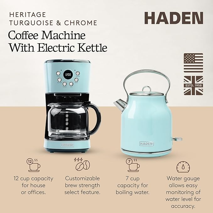 HADEN Coffee Machine 12 Cup Drip Coffee Maker Bundled with Heritage 1.7 Liter Stainless Steel Electric Kettle Turquoise &amp Chrome