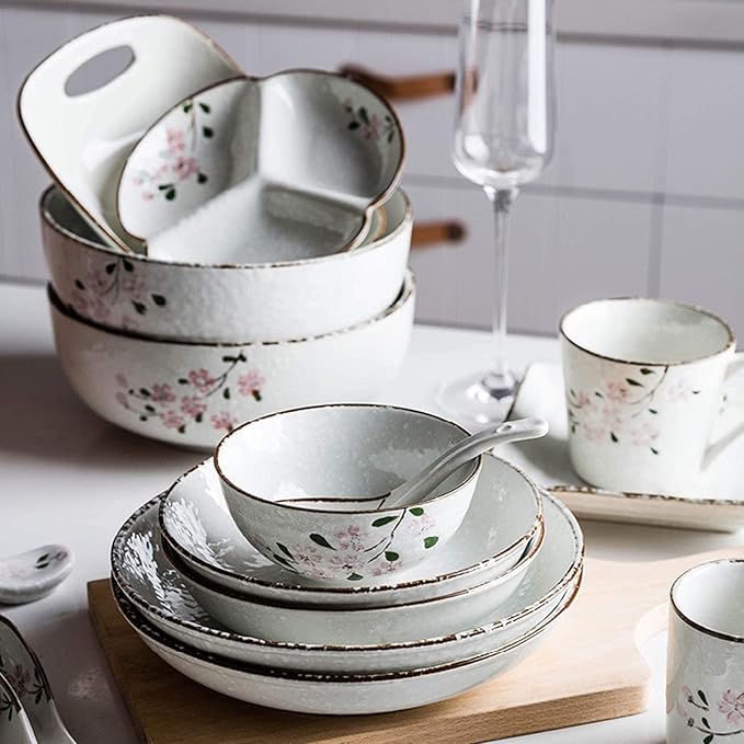 Dishes Dessert Plates Ceramic Dinner Plate Sets 13-Piece Kitchen Dinnerware Set Service for 2 Hand-Painted Cherry Blossom Premium Quality Porcelain Plates Set