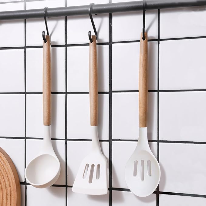 Kitchen Cooking Utensils Set 6Pcs Non-Stick Silicone Kitchen Utensils Spatula Spoon Turner Ladle Pasta Server Heat Resistant Wooden Handle Silicone Cooking Gadgets Sets for Cookware &amp Baking