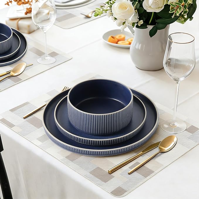 Dinnerware Set Service for 8 24-Piece Ceramic Plates and Bowls Set Chip &amp Scratch Resistant Microwave and Dishwasher Safe Modern Minimalist Tableware for Everyday Use Matte Blue