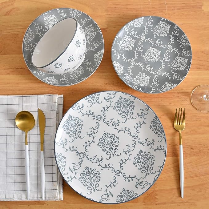 12-Piece Dinnerware Set Ceramic Dish Set with Plates Bowls Nonstick Durable Stoneware Grey for Kitchen