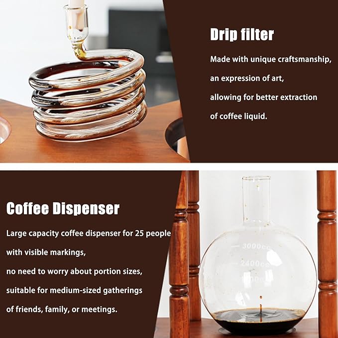 Tower Ice Coffee Maker Capacity Tea Tower Cold Brew Drip Tower with Adjustable Water Flow Slow Drip Cold Brew System Upgrade Your Office Brew with Vertical Style Glass Container - Brown
