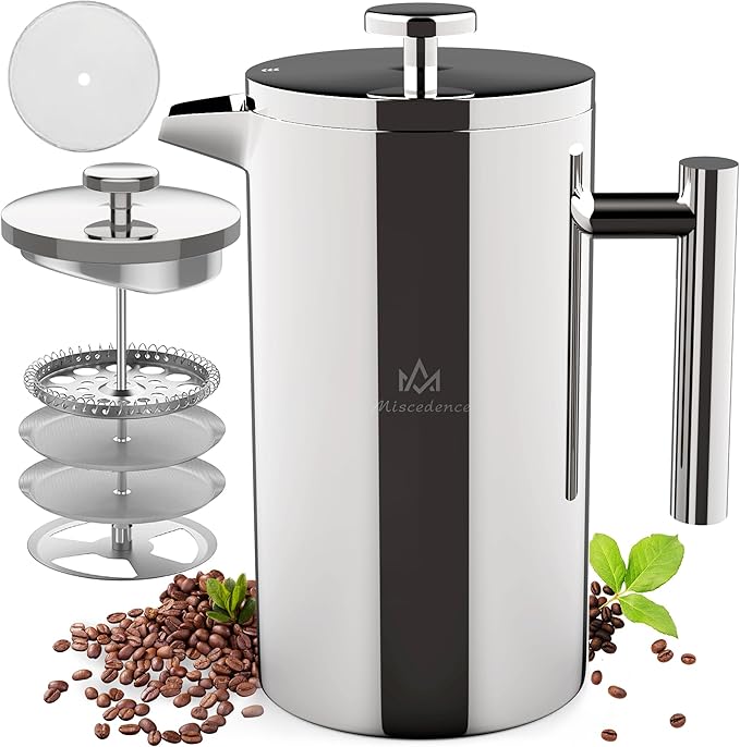 French Press Coffee Maker34OZ Double Wall Vacuum Insulated 304 Stainless Steel (34oz Silver)