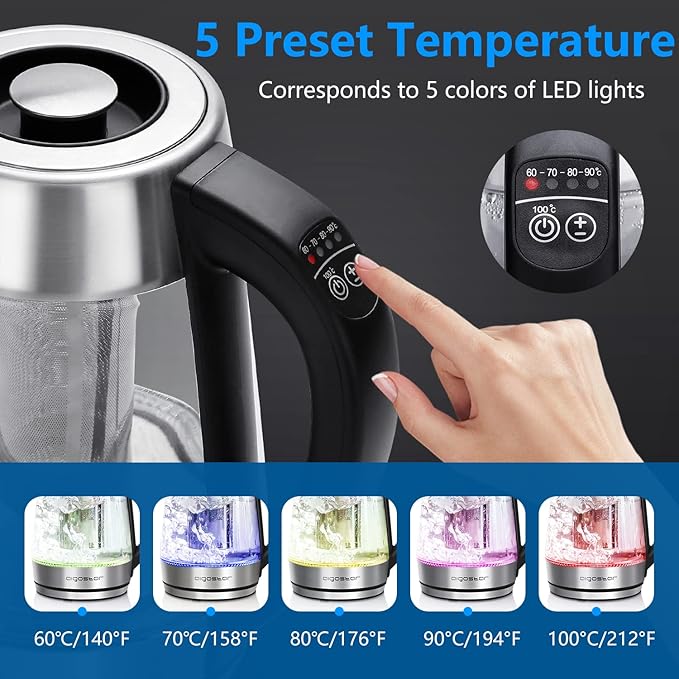 Aigostar Toaster 2 Slice Retro Extra-Wide Slot Toasters and Electric Kettle Tea Kettle with Temperature Control and Tea Infuser 1500W Hot Water Kettle with Variable Temperature Keep Warm Function