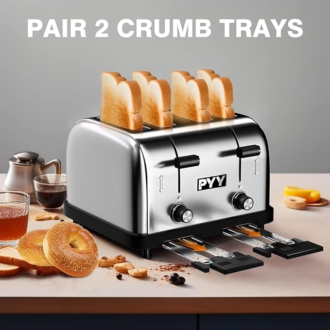 PYY Toaster Commercial 4 Slices- 225 Slices/Hour 1800W Pop Up Wide Slots 1.57 inch Stainless Steel 6-Level Setting